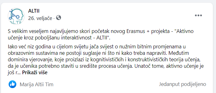 Pročitajte više o članku Facebook objava o početku rada projekta ALTII