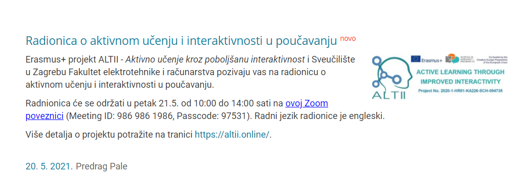 Pročitajte više o članku Objava radionice o aktivnom učenju na FER webu