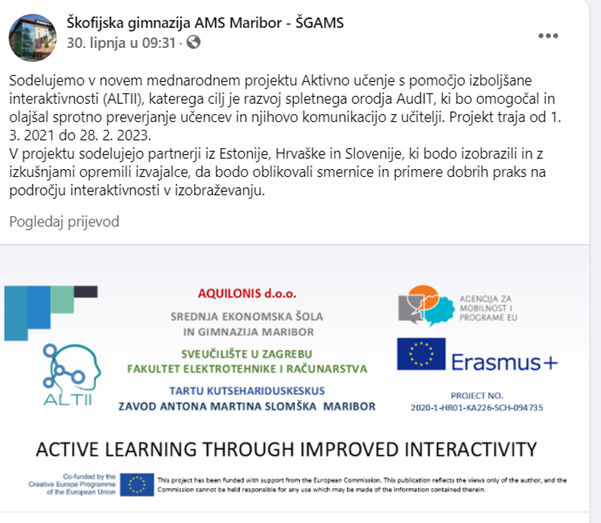 Pročitajte više o članku Facebook – obavijest o početku projekta ALTII